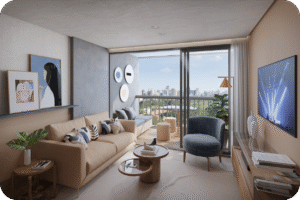 Sala de estar de um apartamento de luxo com design contemporâneo. O ambiente inclui um sofá bege, poltrona de veludo azul, mesa de centro moderna e acesso direto a uma varanda com vista panorâmica para o skyline da cidade de Fortaleza.