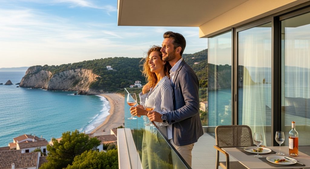 Um casal sorridente, vestido casualmente, abraçado em uma sacada de vidro moderna de frente para o mar. Eles seguram taças de vinho rosé enquanto observam uma baía com águas azul-turquesa, uma praia de areia clara e falésias cobertas de vegetação. No canto inferior, uma mesa de jantar está montada na varanda.