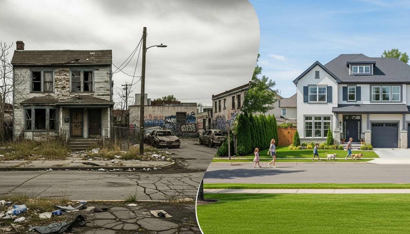 Comparação de revitalização urbana: à esquerda, uma casa abandonada e rua degradada em tons de cinza; à direita, uma residência moderna de luxo com jardim gramado e pessoas caminhando em um ambiente seguro e ensolarado. Ilustração de gentrificação e desenvolvimento urbano