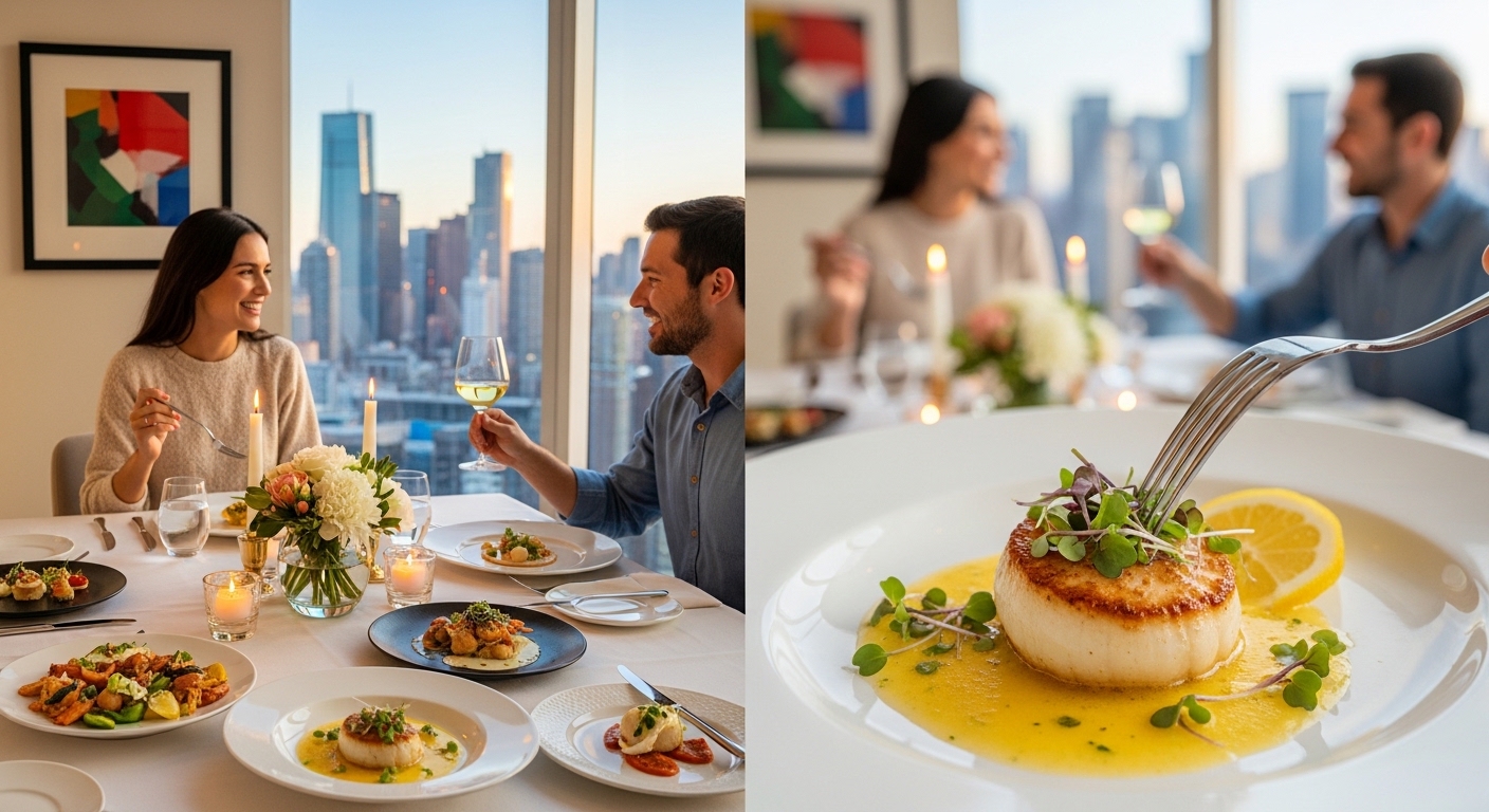 Experiência de fine dining em um restaurante de luxo com vista panorâmica para o skyline da cidade ao pôr do sol. À esquerda, um casal sorridente brinda com vinho branco. À direita, detalhe em close de um prato gourmet: vieira selada perfeitamente com molho cítrico, brotos frescos e limão siciliano, destacando o requinte da culinária contemporânea